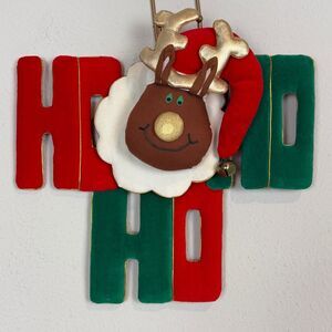 Vintage Santa Reindeer Ho Ho Ho Christmas Fabric Door Hanging